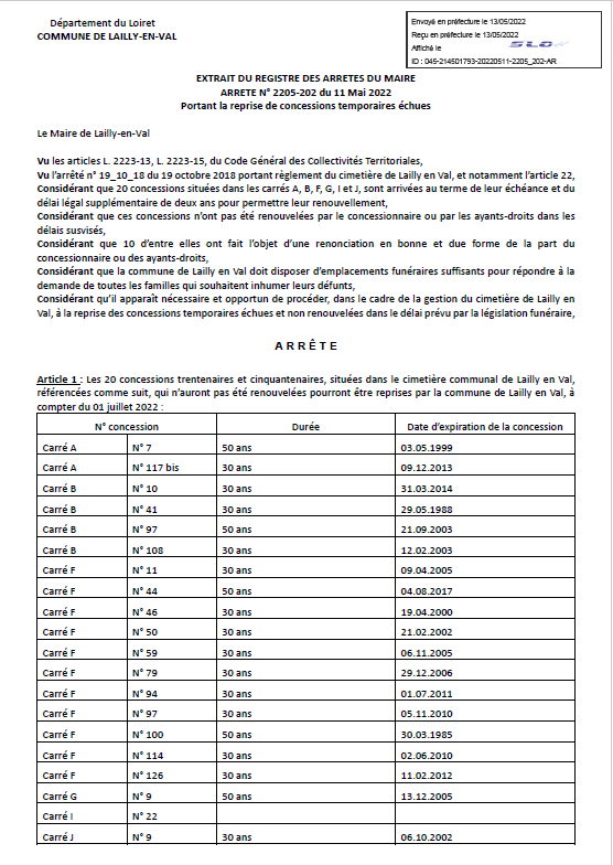 arreté du mairie reprise de concessions